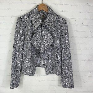 Anne Klein Blazer Coat White Black Mosaic Print Waterfall Collar Open Front Sz M
